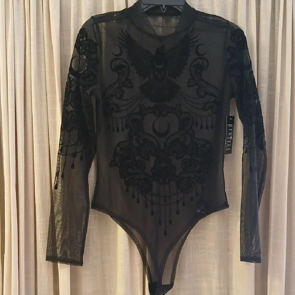 Restyle Goth Black Velvet Mesh Crow Raven Bodysuit Nwt XL - Picture 2 of 7